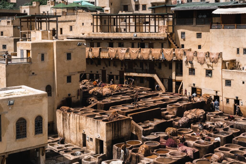 Concia delle pelli a Marrakech, Marocco